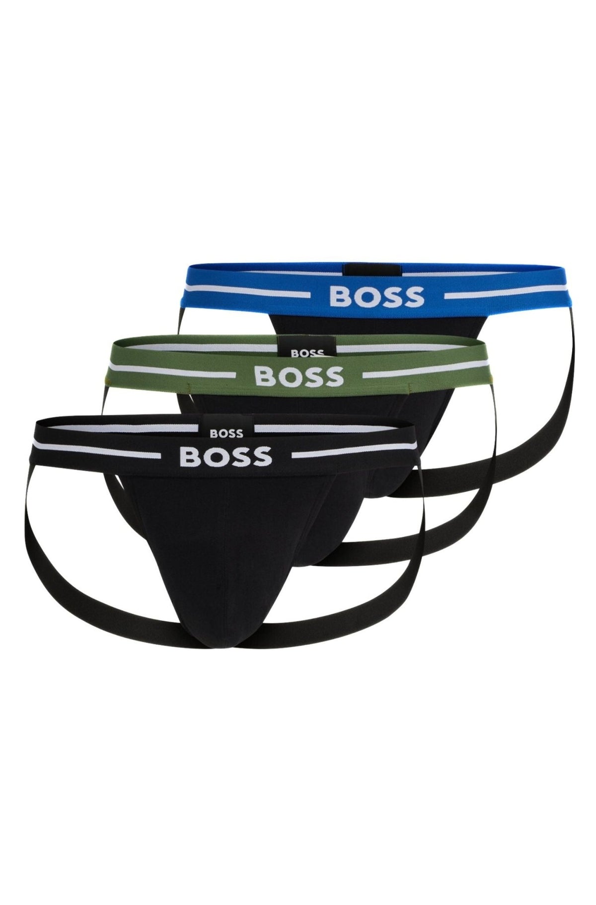 BOSS - 3 - Pack Power Contrast Waistband Jockstraps, Black w/ blue/green - Boxers - and - Briefs.net