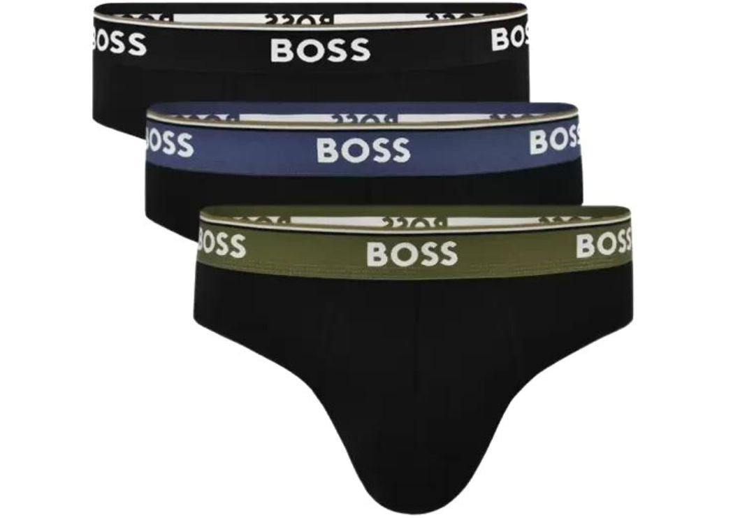 BOSS - 3 - Pack Power Contrast Waistband Briefs, Black w/ blue/khaki - Boxers - and - Briefs.net