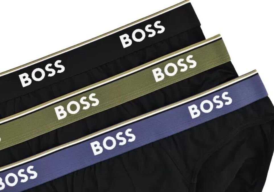 BOSS - 3 - Pack Power Contrast Waistband Briefs, Black w/ blue/khaki - Boxers - and - Briefs.net