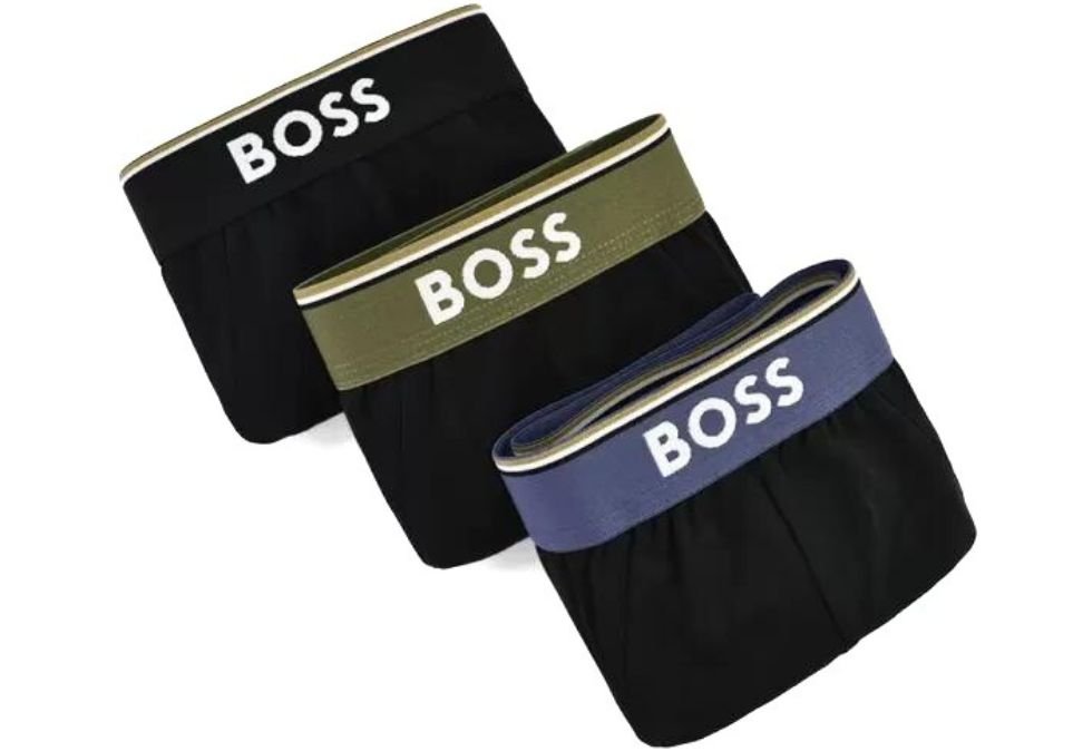 BOSS - 3 - Pack Power Contrast Waistband Briefs, Black w/ blue/khaki - Boxers - and - Briefs.net