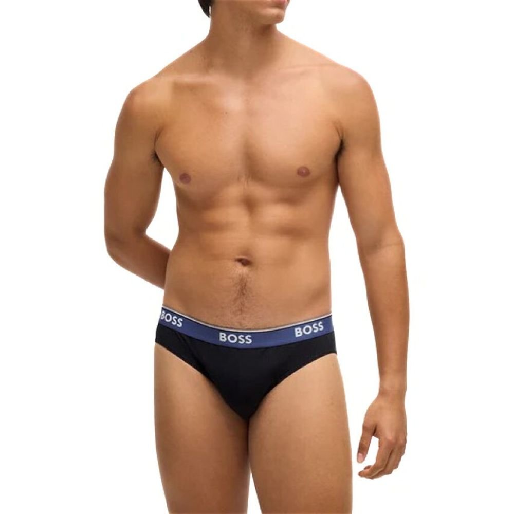 BOSS - 3 - Pack Power Contrast Waistband Briefs, Black w/ blue/khaki - Boxers - and - Briefs.net