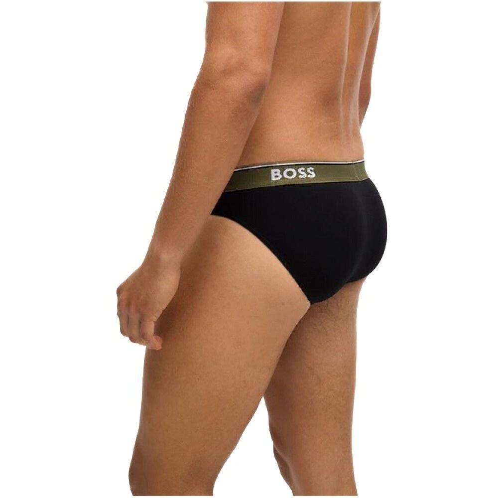 BOSS - 3 - Pack Power Contrast Waistband Briefs, Black w/ blue/khaki - Boxers - and - Briefs.net