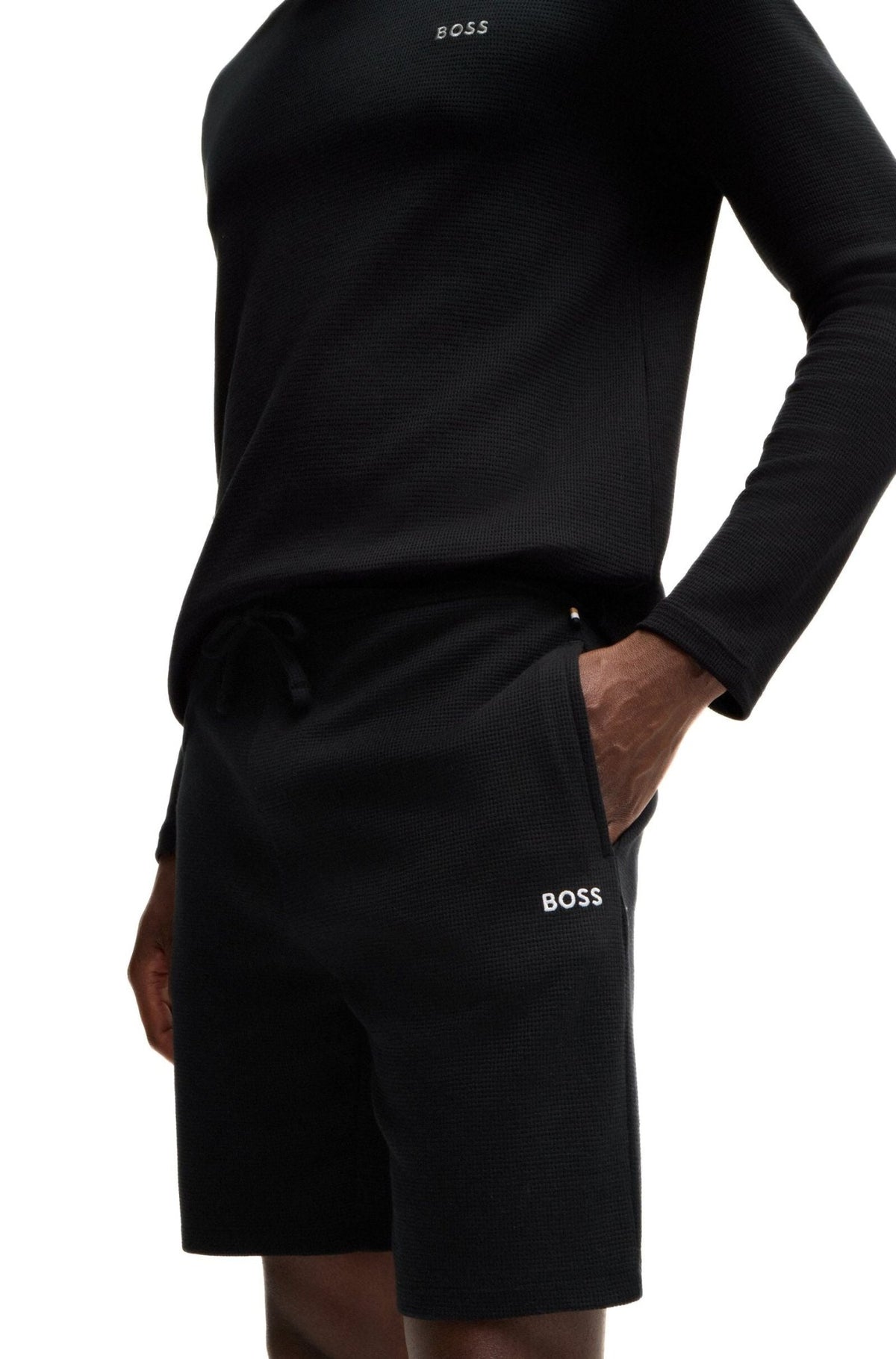 BOSS - Lightweight Mini Waffle Lounge Shorts, Black - Boxers - and - Briefs.net