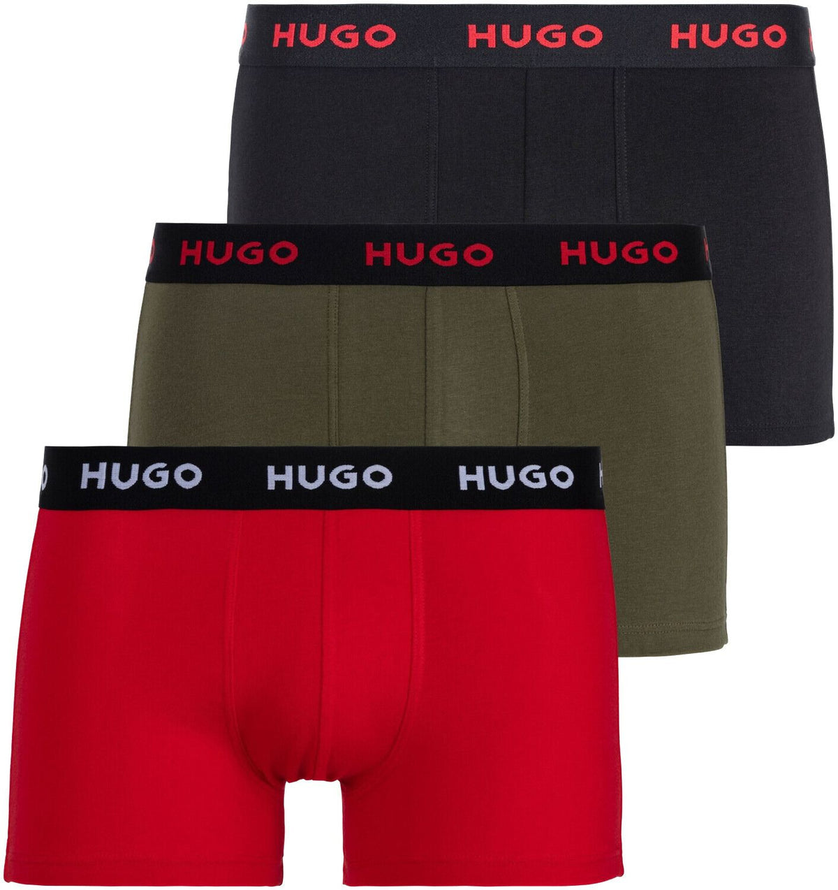 HUGO - 3 - Pack Classic Logo Boxer Trunks, Black/Red/Khaki - Boxers - and - Briefs.net