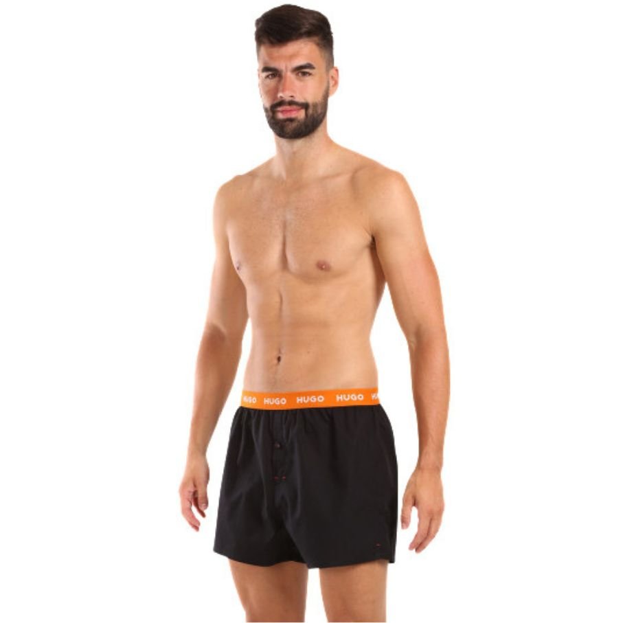 HUGO - 3 - Pack Classic Logo Woven Boxer Shorts, Black w/ orange/blue/mint - Boxers - and - Briefs.net