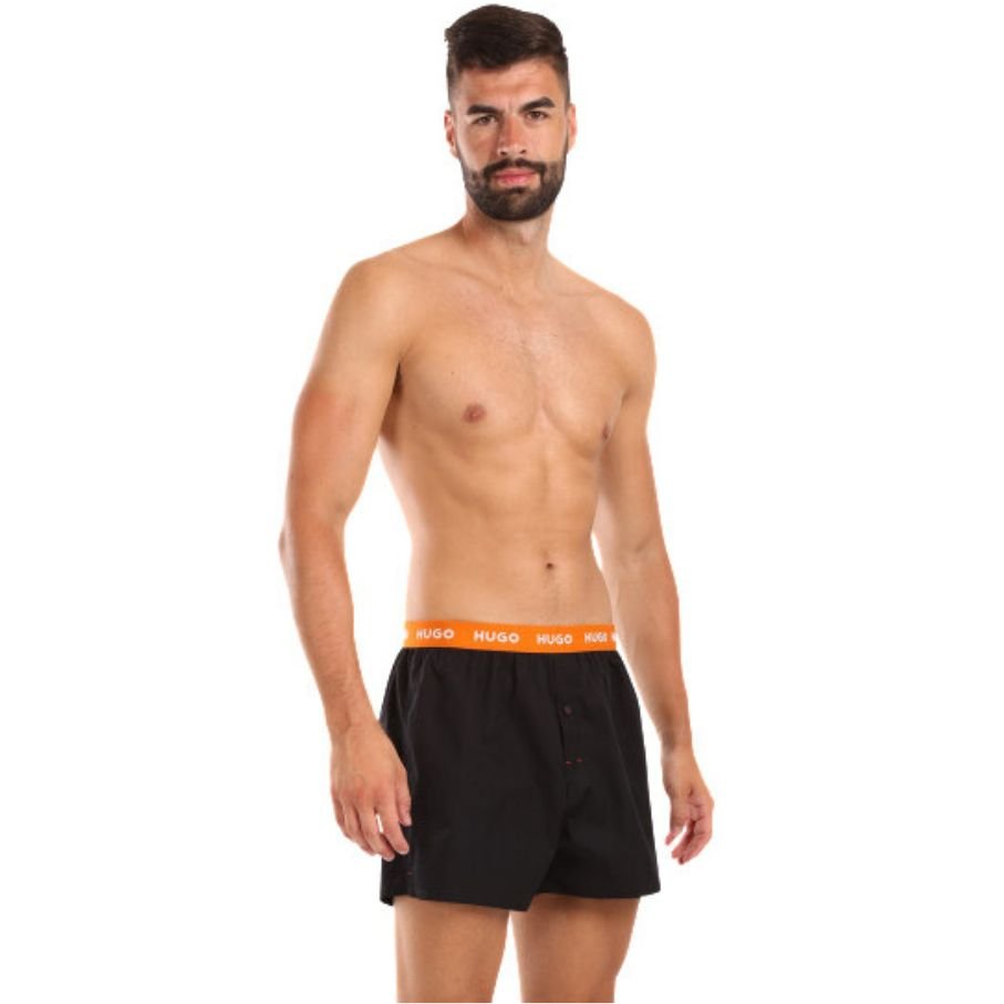 HUGO - 3 - Pack Classic Logo Woven Boxer Shorts, Black w/ orange/blue/mint - Boxers - and - Briefs.net