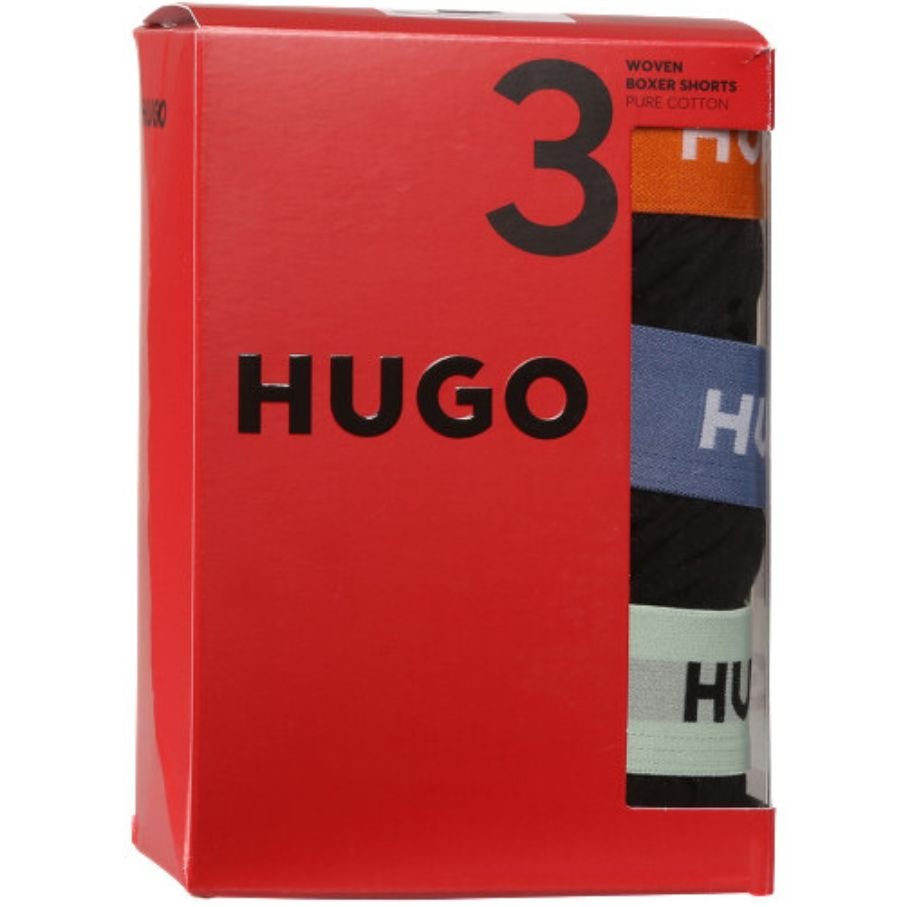 HUGO - 3 - Pack Classic Logo Woven Boxer Shorts, Black w/ orange/blue/mint - Boxers - and - Briefs.net