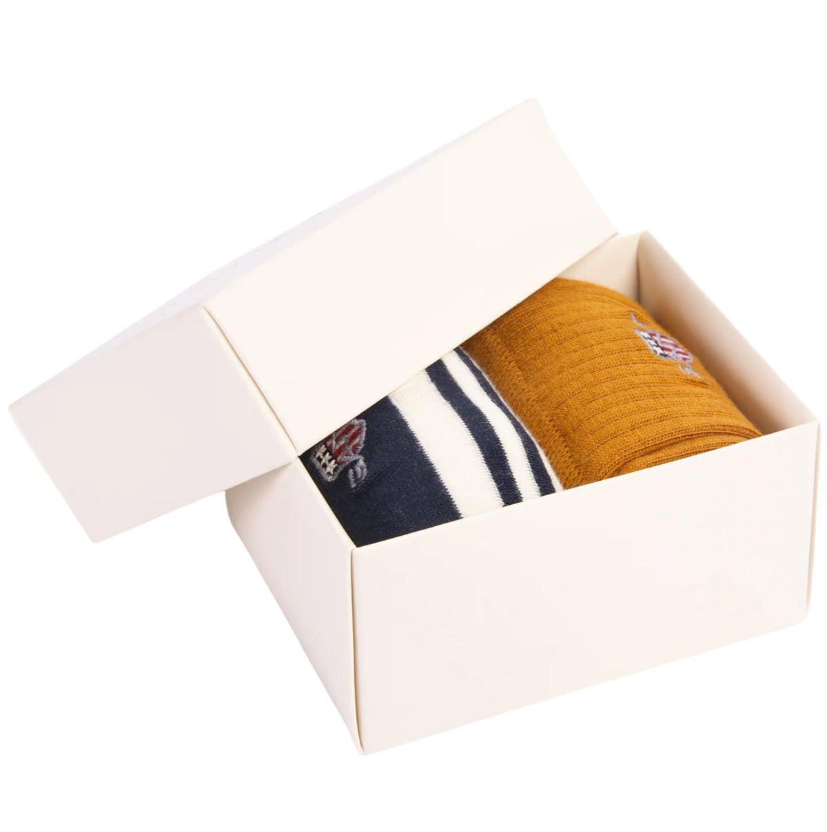 2-Pack Shield Logo Rugger Stripe Socks Gift Box, Beige/Navy