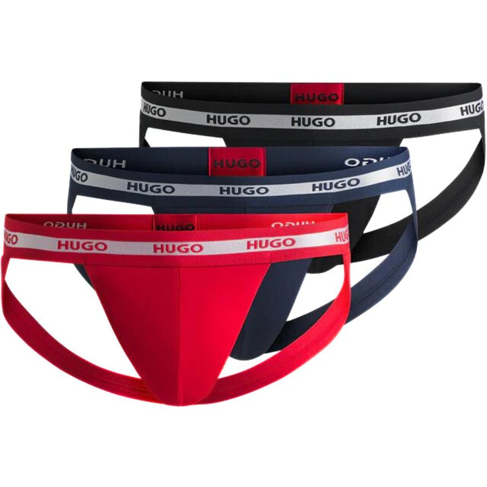 HUGO - 3 - Pack Stripe Waistband Jockstraps, Red/Blue/Black w/ silver - Boxers - and - Briefs.net