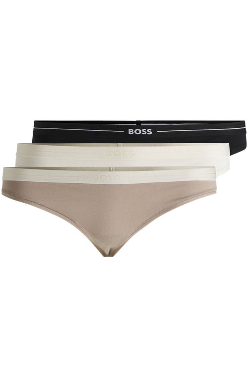 BOSS - 3 - Pack Power Logo Waistband Thongs, Black/Ecru/Beige - Boxers - and - Briefs.net