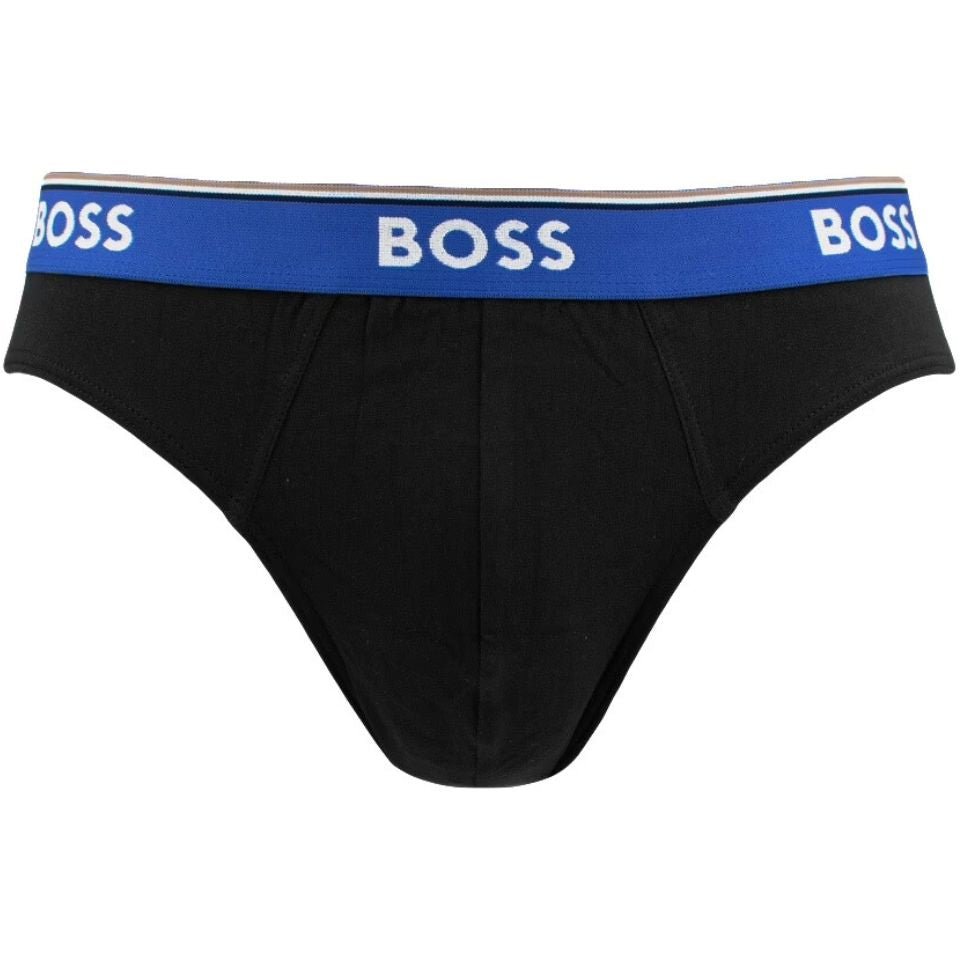 BOSS - 3 - Pack Power Contrast Waistband Briefs, Black w/ blue/khaki/beige - Boxers - and - Briefs.net