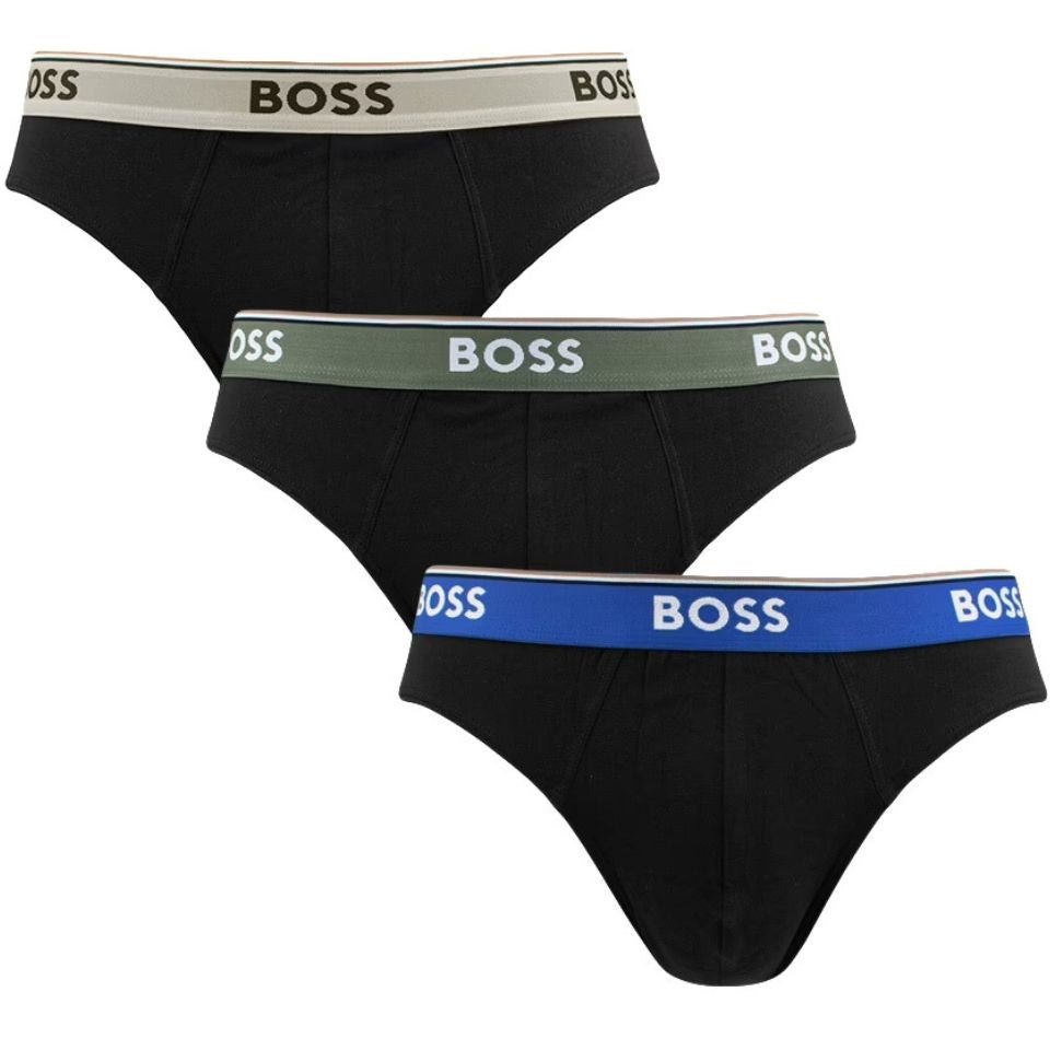 BOSS - 3 - Pack Power Contrast Waistband Briefs, Black w/ blue/khaki/beige - Boxers - and - Briefs.net