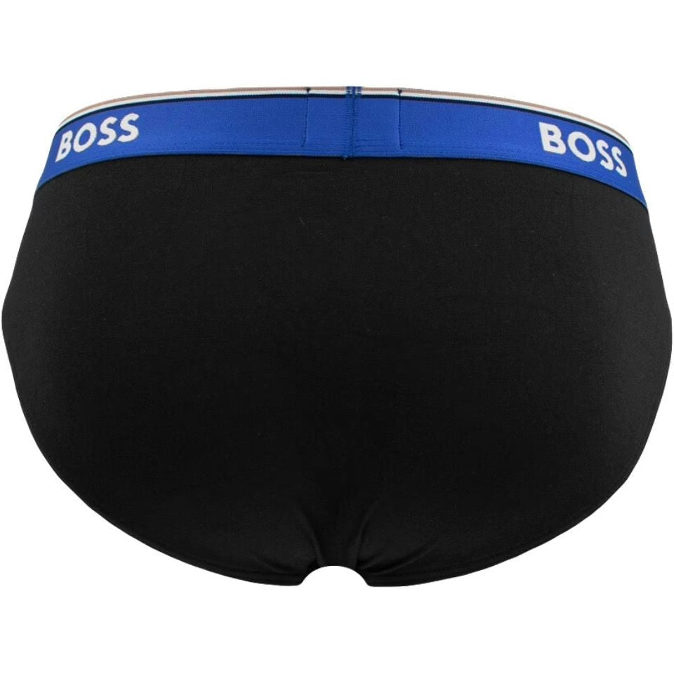 BOSS - 3 - Pack Power Contrast Waistband Briefs, Black w/ blue/khaki/beige - Boxers - and - Briefs.net