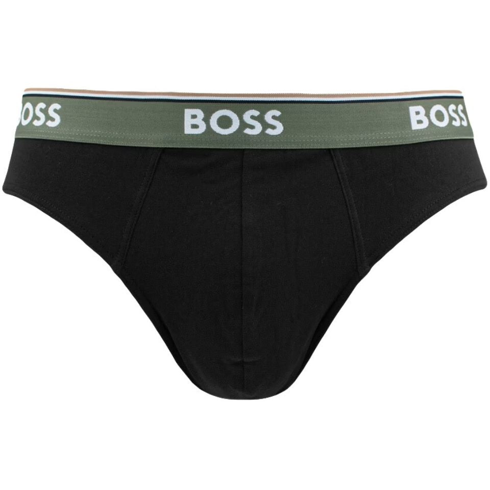 BOSS - 3 - Pack Power Contrast Waistband Briefs, Black w/ blue/khaki/beige - Boxers - and - Briefs.net