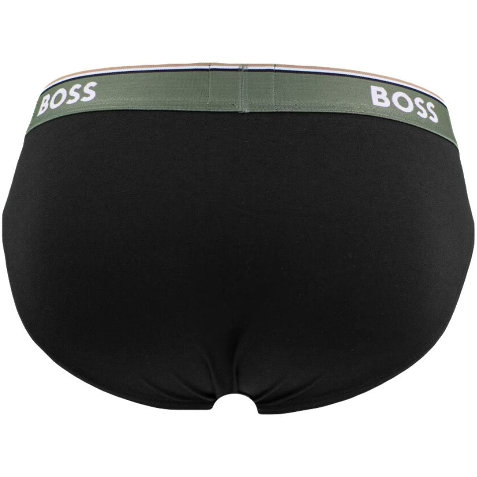 BOSS - 3 - Pack Power Contrast Waistband Briefs, Black w/ blue/khaki/beige - Boxers - and - Briefs.net