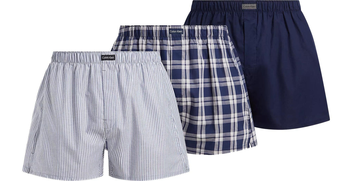 Calvin Klein - 3 - Pack Plaid, Stripes & Solid Boxer Shorts, Blue/Navy - Boxers - and - Briefs.net