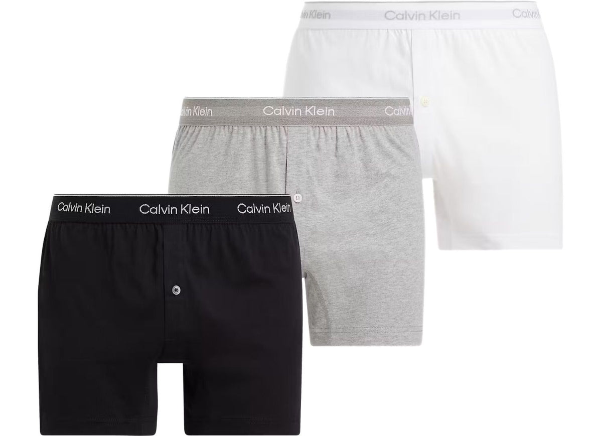 Calvin Klein - 3 - Pack Pure Cotton Button - Fly Boxer Briefs, Black/White/Grey - Boxers - and - Briefs.net