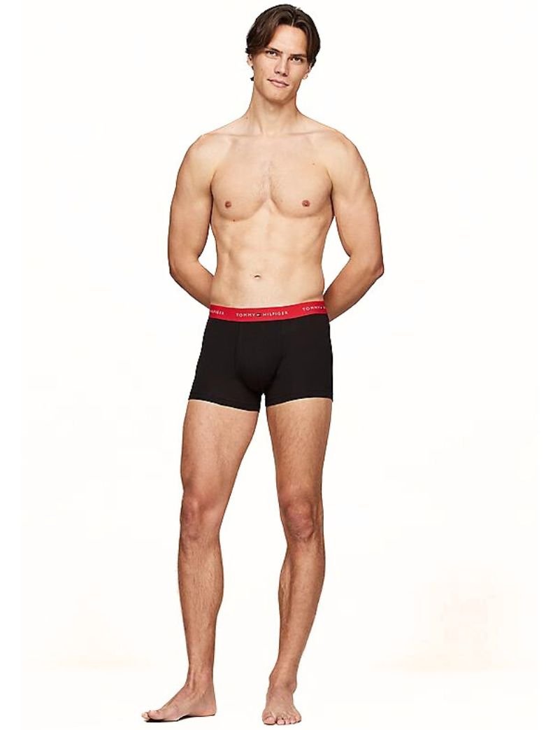 Tommy Hilfiger - 3 - Pack Signature Cotton Boxer Trunks, Black/Blue/Red - Boxers - and - Briefs.net