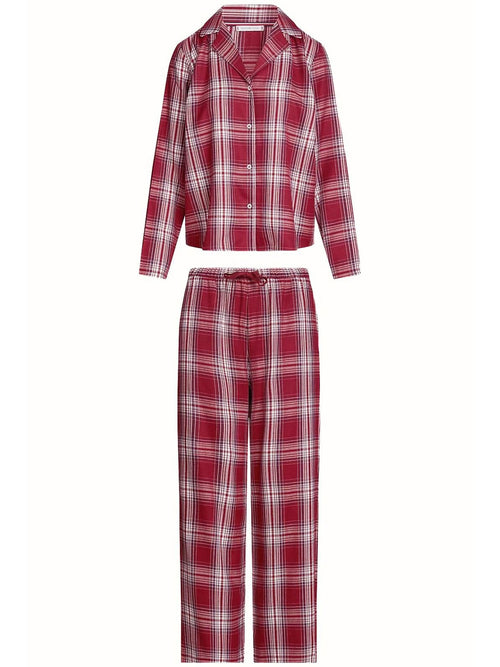 Tommy Hilfiger - Women Plaid Check Flannel Pyjama Set, Deep Rouge - Boxers - and - Briefs.net