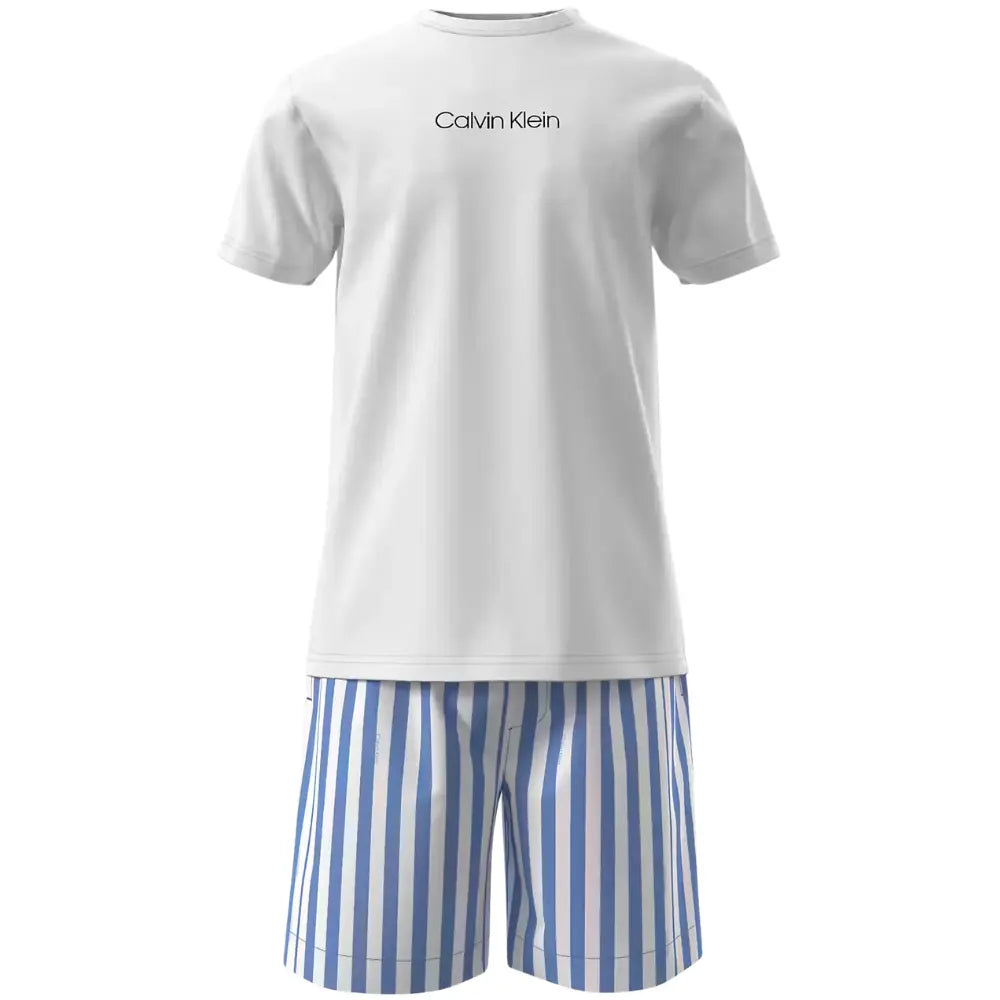 T-Shirt & Poplin Stripe Shorts Pyjama Set, White/blue