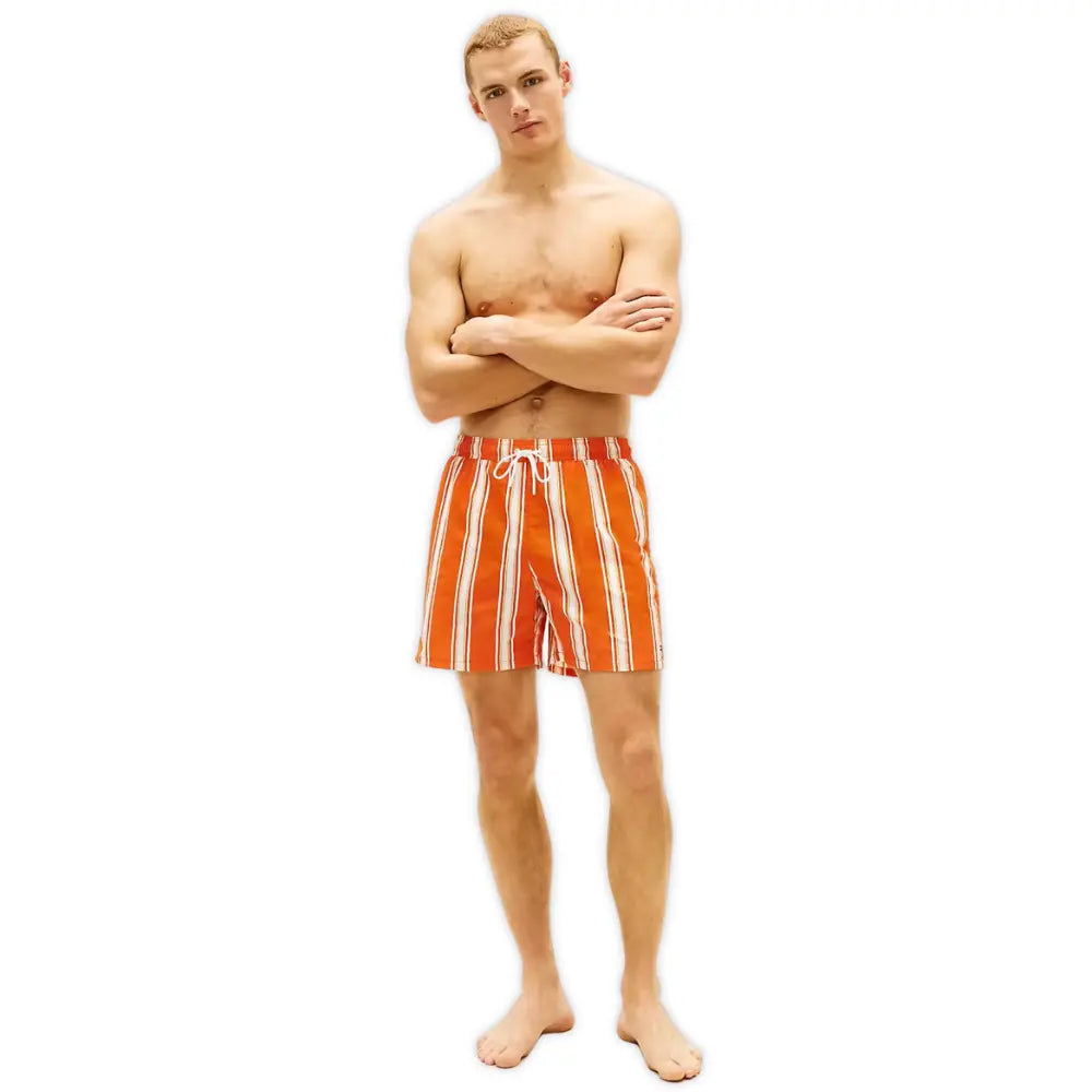 Sunset Stripe Print Swim Shorts, Brilliant Orange