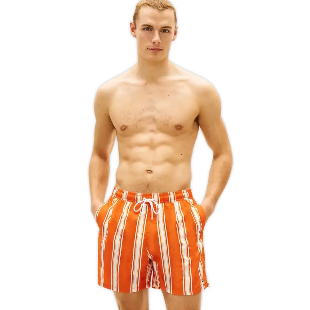 Sunset Stripe Print Swim Shorts, Brilliant Orange