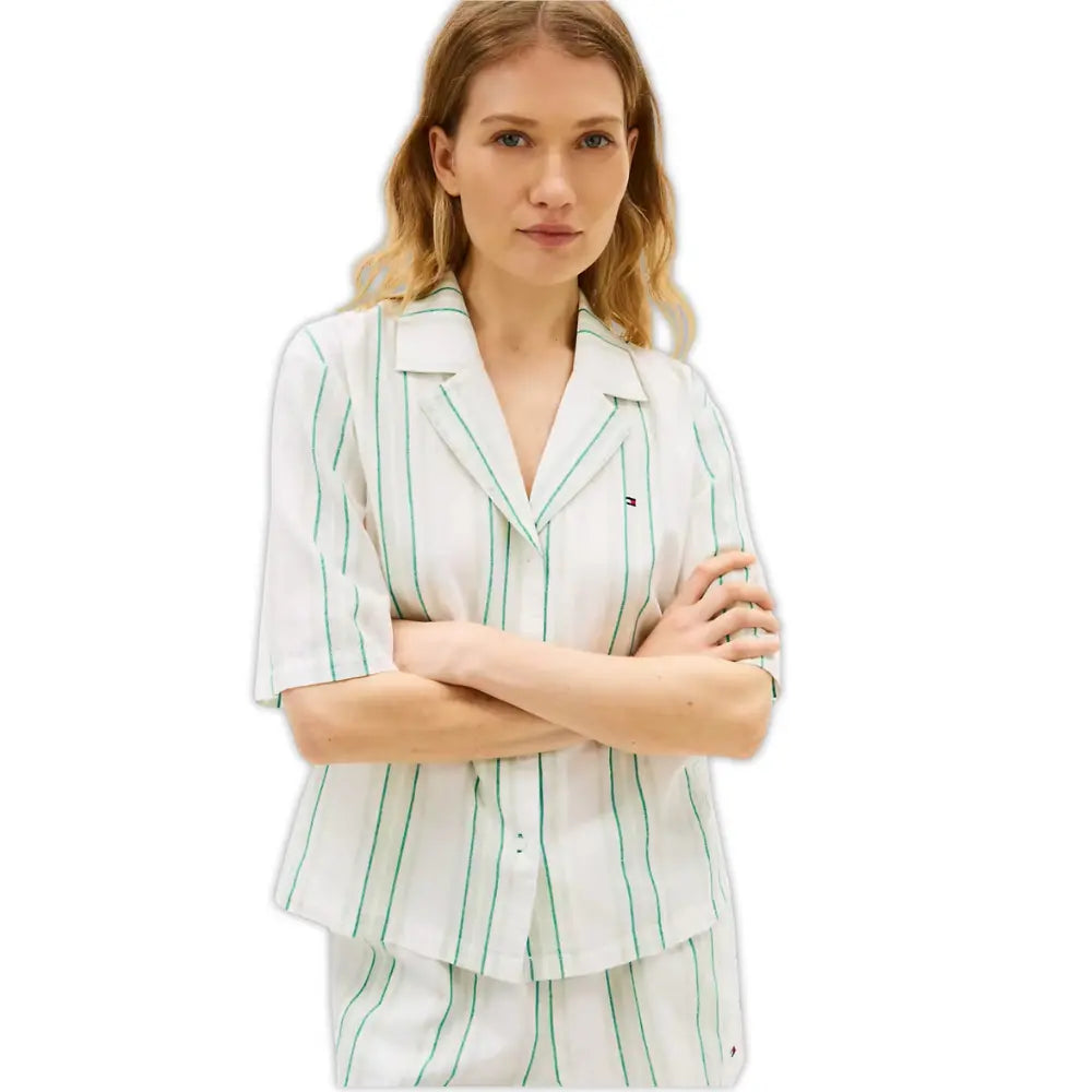 TH Essentials Shirt & Shorts Line Pyjama Set, Tennis Court Green Stripe