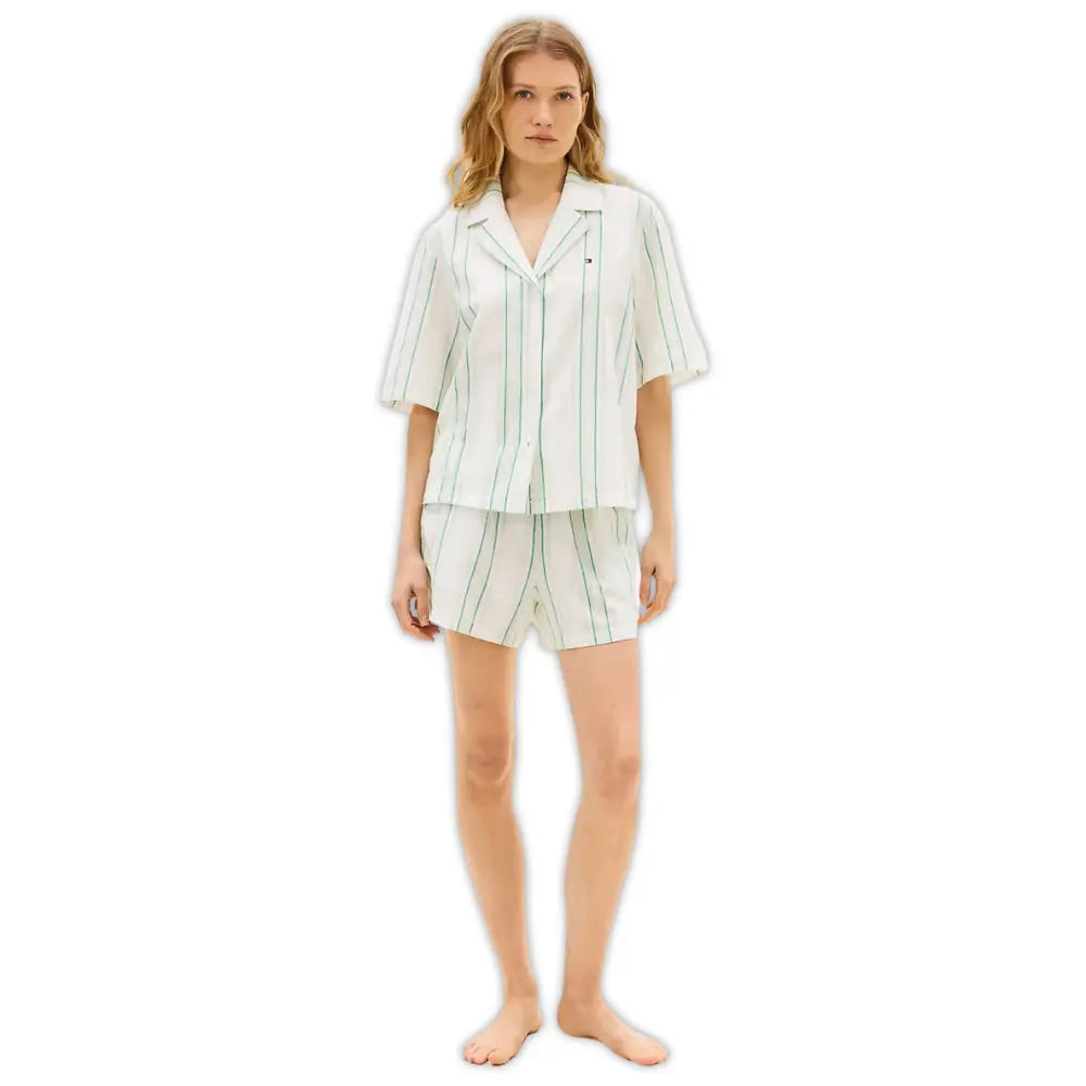 TH Essentials Shirt & Shorts Line Pyjama Set, Tennis Court Green Stripe