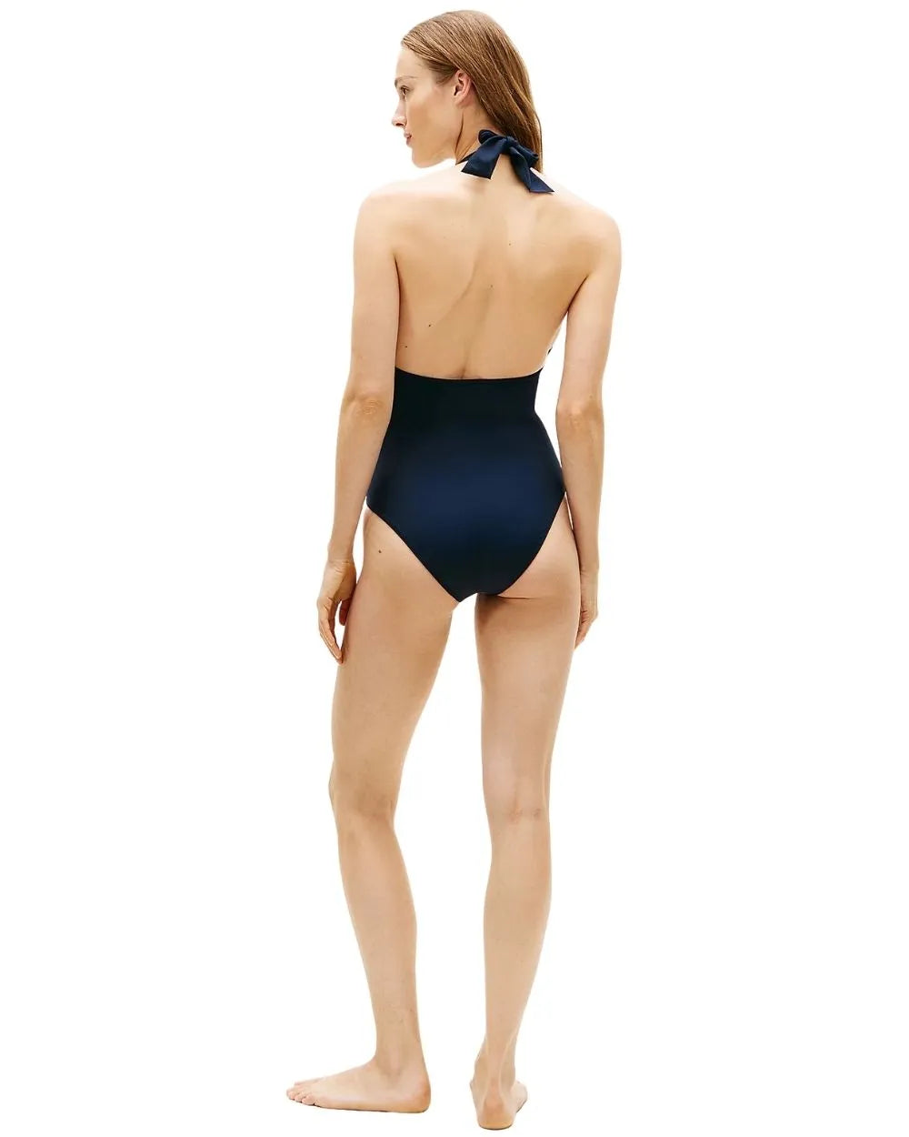 Global Stripe Halterneck Swimsuit, Dark Night Navy