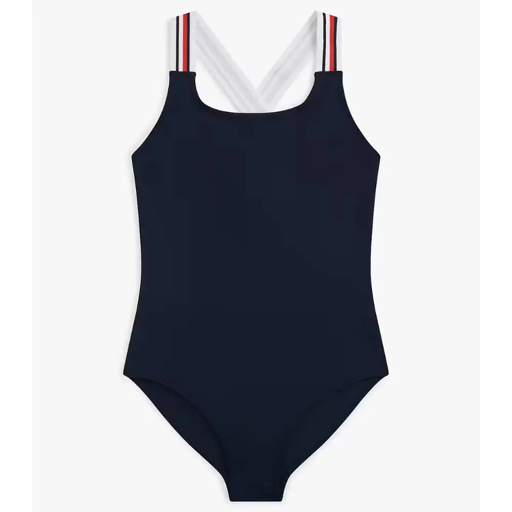 Girls Global Stripe Cross-Back Swimsuit, Dark Night Navy