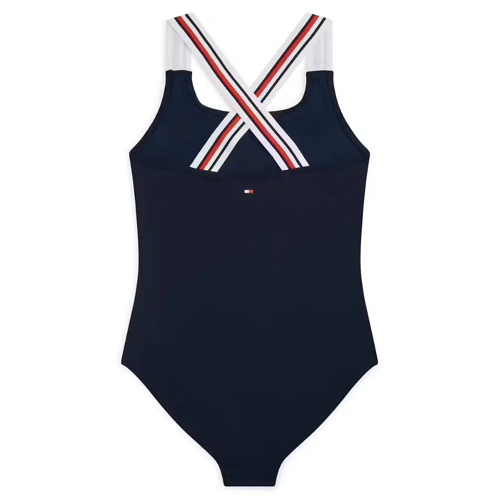 Girls Global Stripe Cross-Back Swimsuit, Dark Night Navy