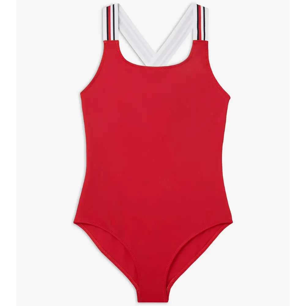 Girls Global Stripe Cross-Back Swimsuit, Primary Red