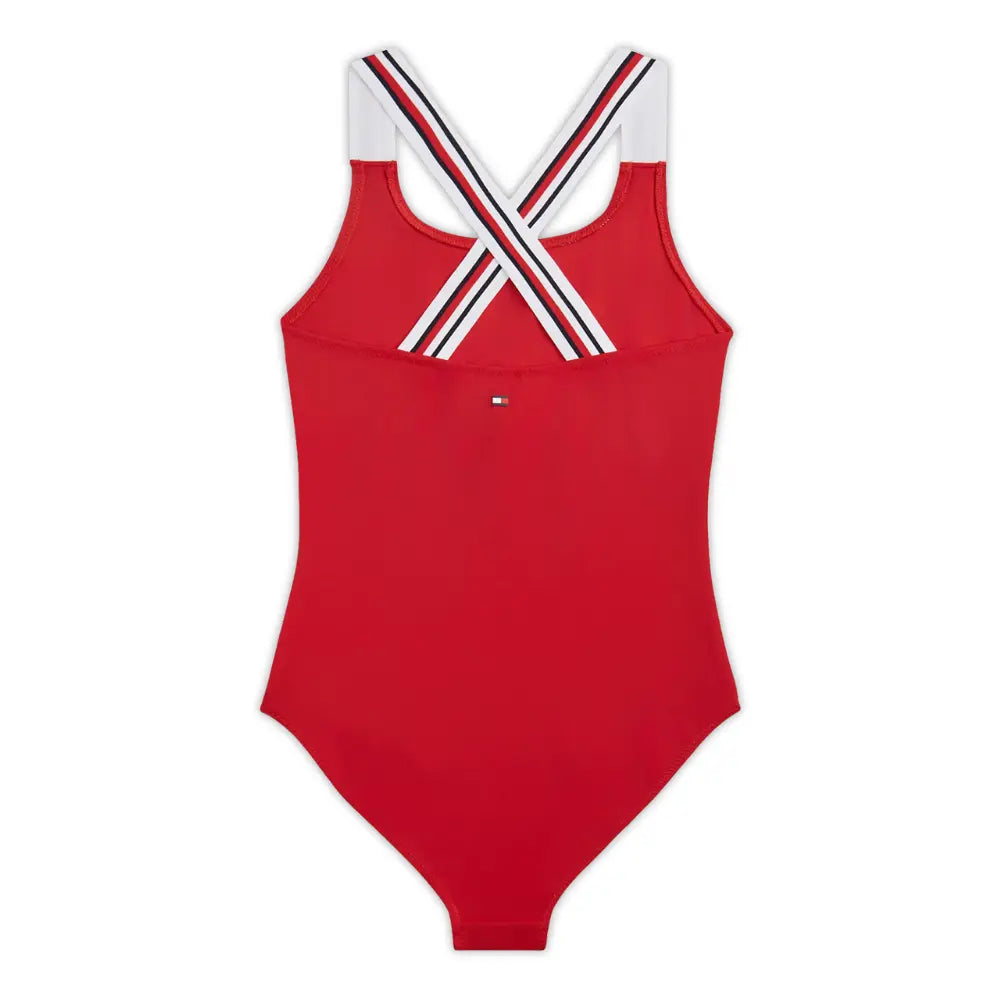 Girls Global Stripe Cross-Back Swimsuit, Primary Red
