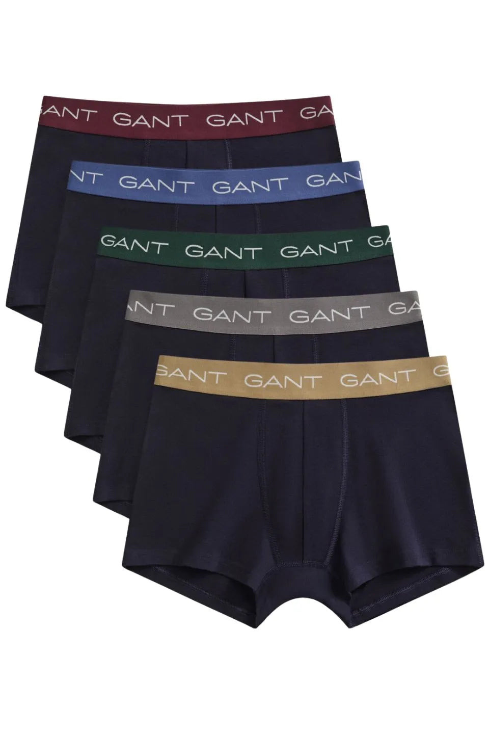 5-Pack Classic Logo Boxer Trunks, Navy w/ burgundy/green/blue/taupe/grey