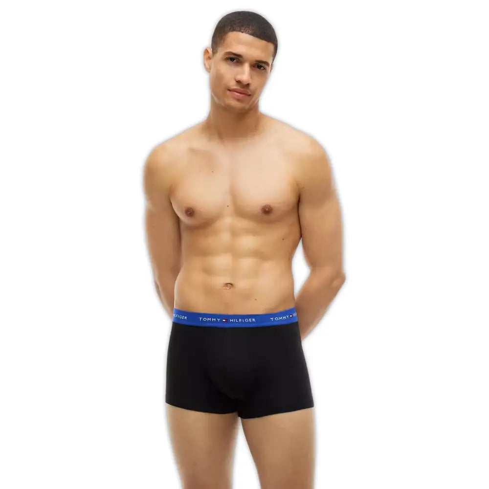 3-Pack Signature Cotton Boxer Trunks, Black w/ blue/burgundy/blue