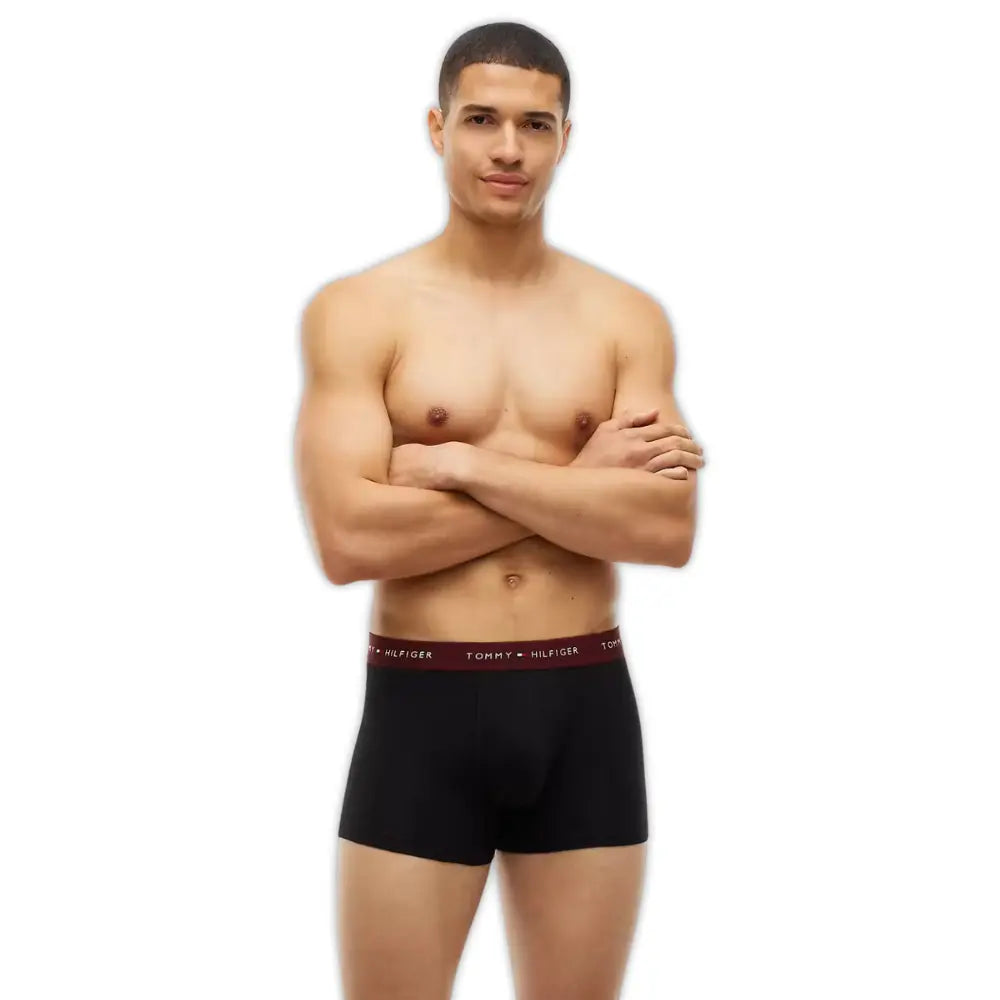 3-Pack Signature Cotton Boxer Trunks, Black w/ blue/burgundy/blue
