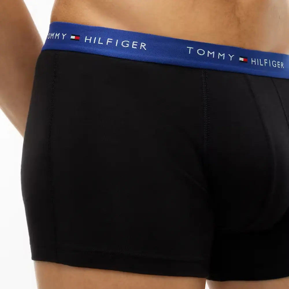 3-Pack Signature Cotton Boxer Trunks, Black w/ blue/burgundy/blue