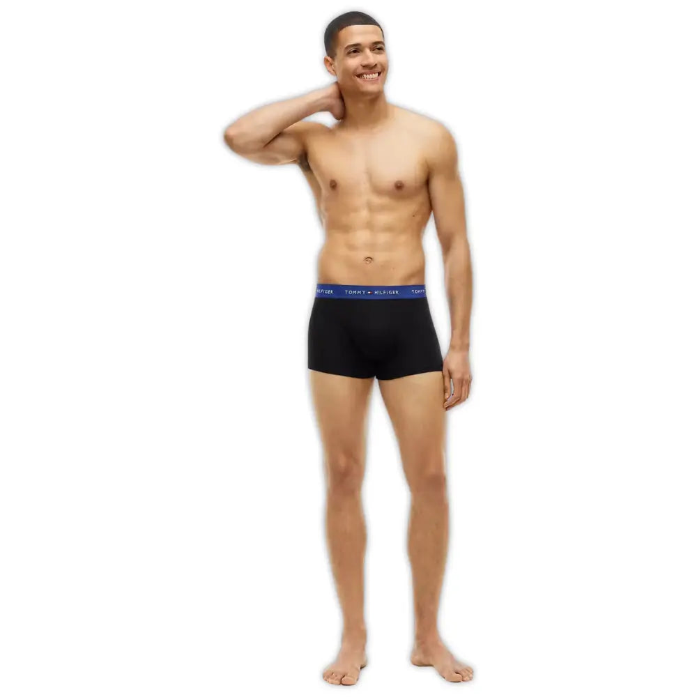 3-Pack Signature Cotton Boxer Trunks, Black w/ blue/burgundy/blue