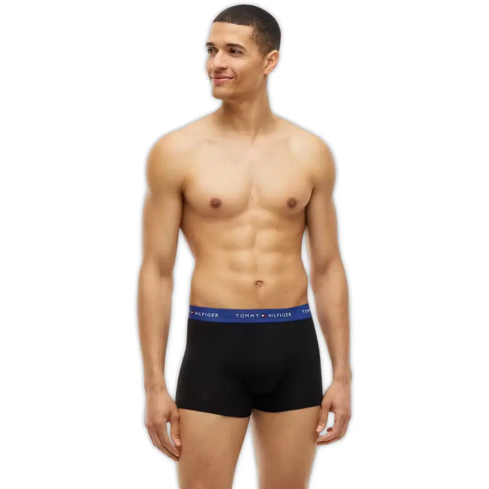 3-Pack Signature Cotton Boxer Trunks, Black w/ blue/burgundy/blue