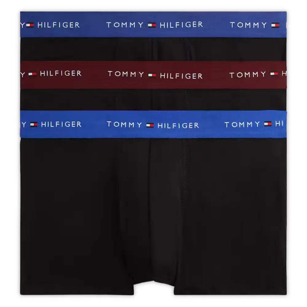 3-Pack Signature Cotton Boxer Trunks, Black w/ blue/burgundy/blue