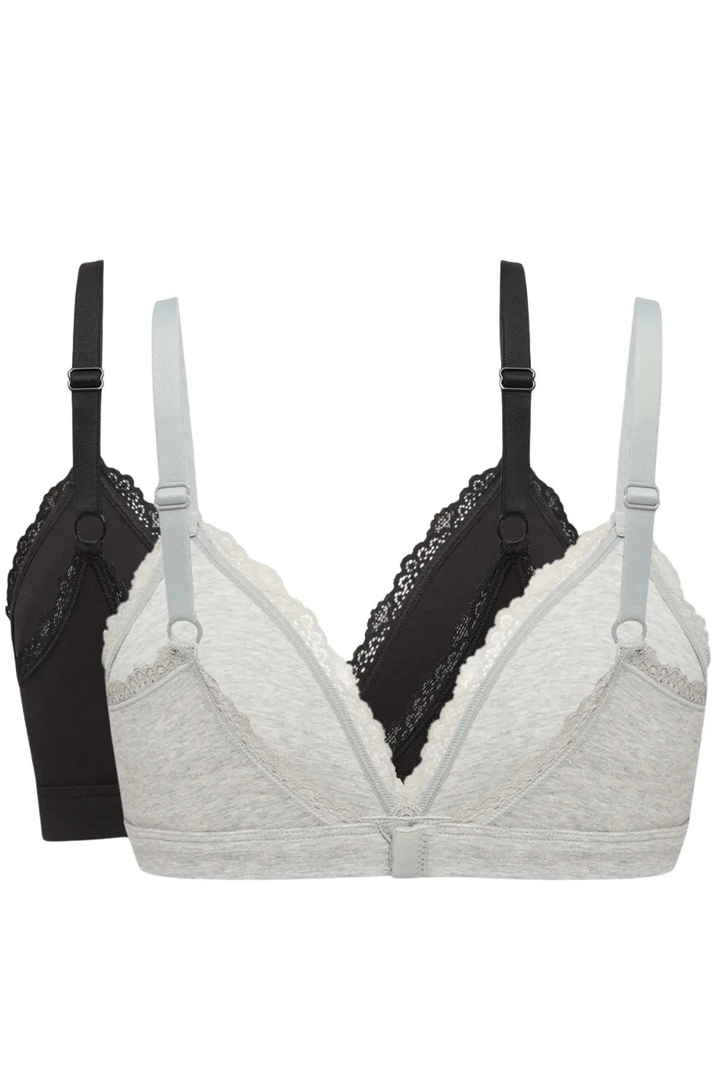 2-Pack Modern Cotton Lace Triangle Bras, Black / Grey Heather