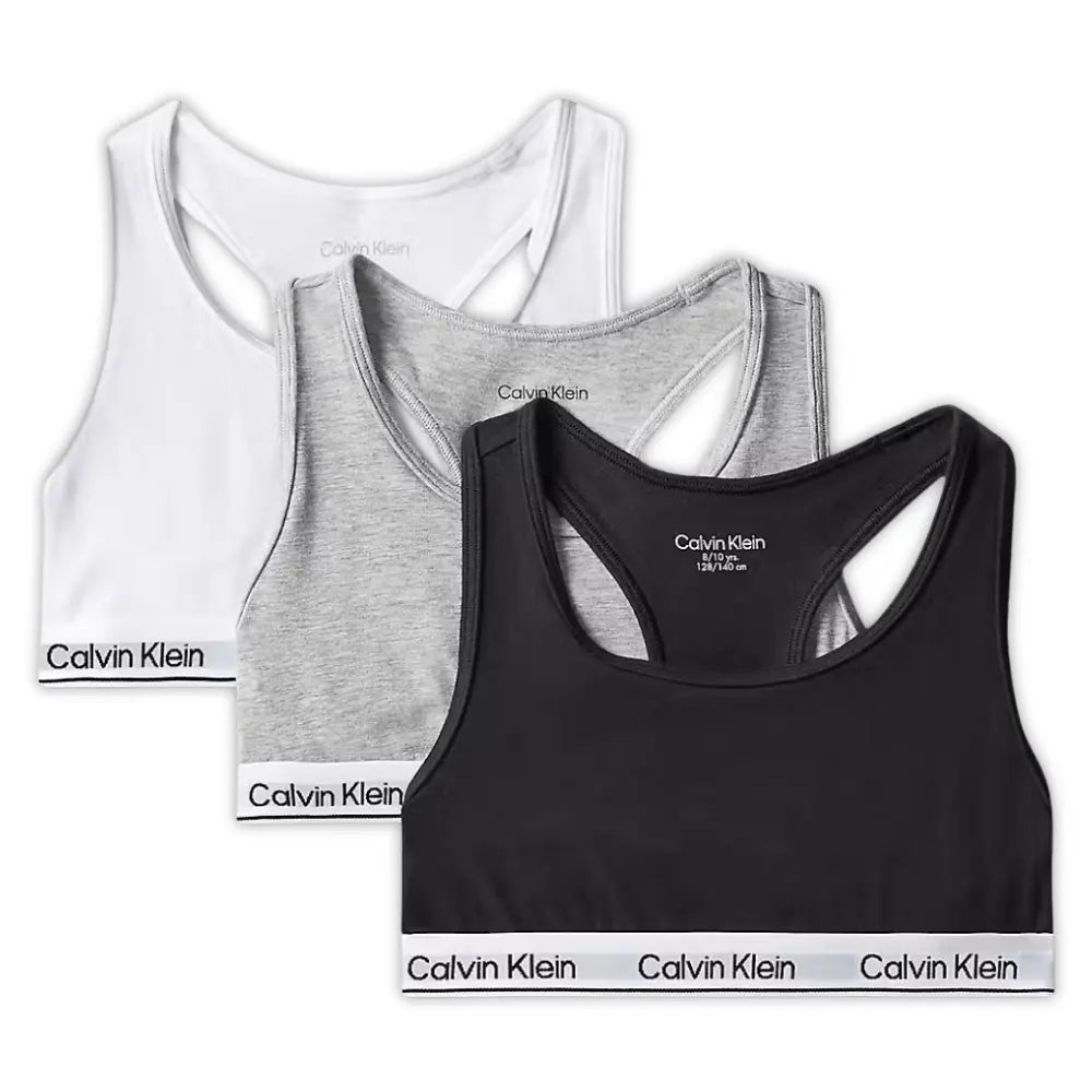 Girls 3-Pack Icon Cotton Stretch Bralettes, Black/White/Grey
