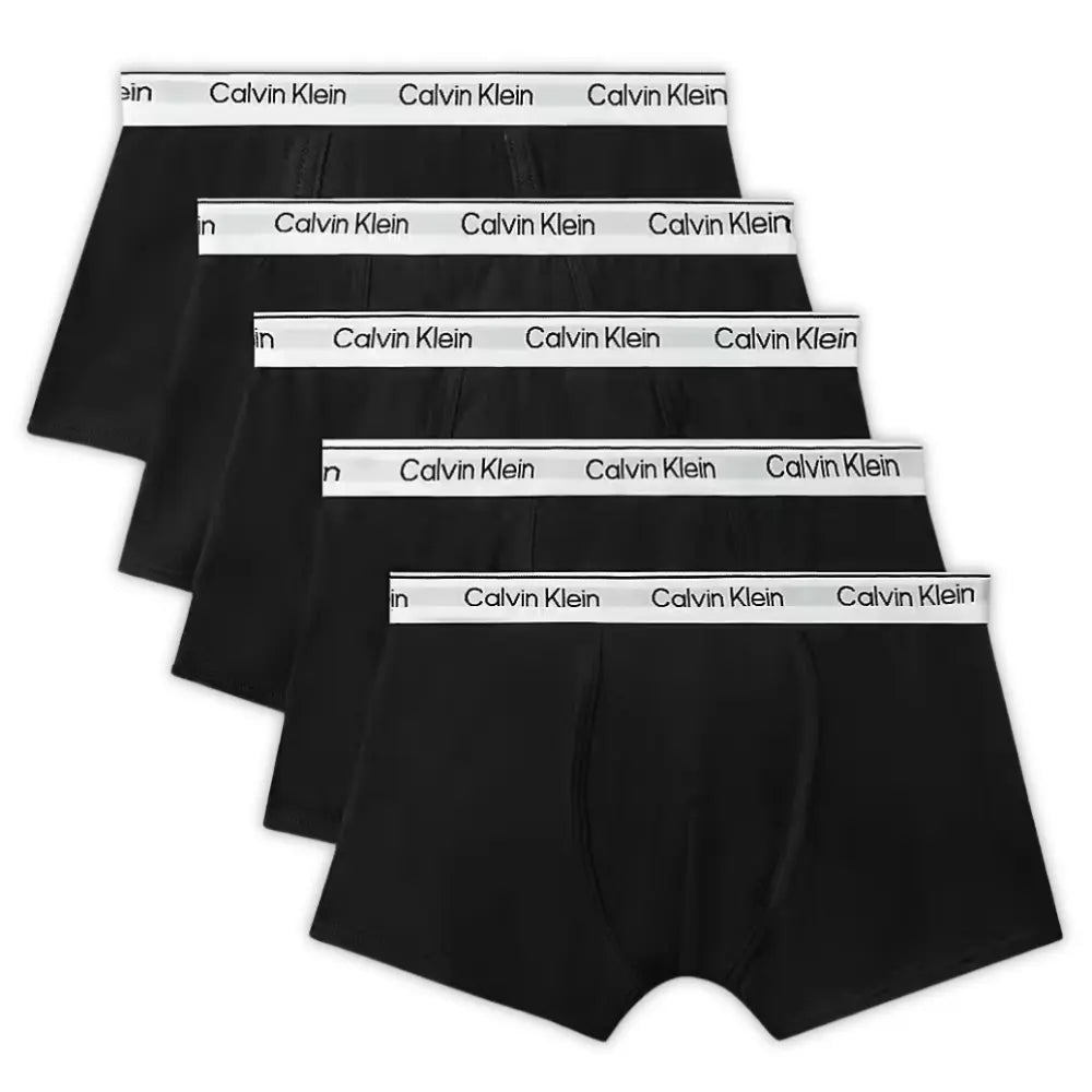 Boys 5-Pack Icon Cotton Stretch Boxer Trunks, Black With White Waistband