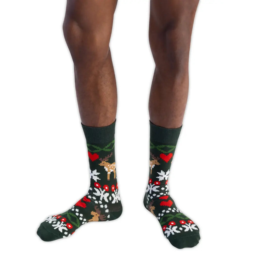 Fair Isle Reindeer Love Sock, Dark Green