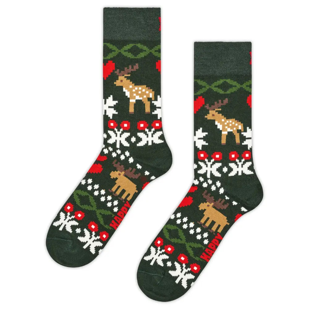 Fair Isle Reindeer Love Sock, Dark Green