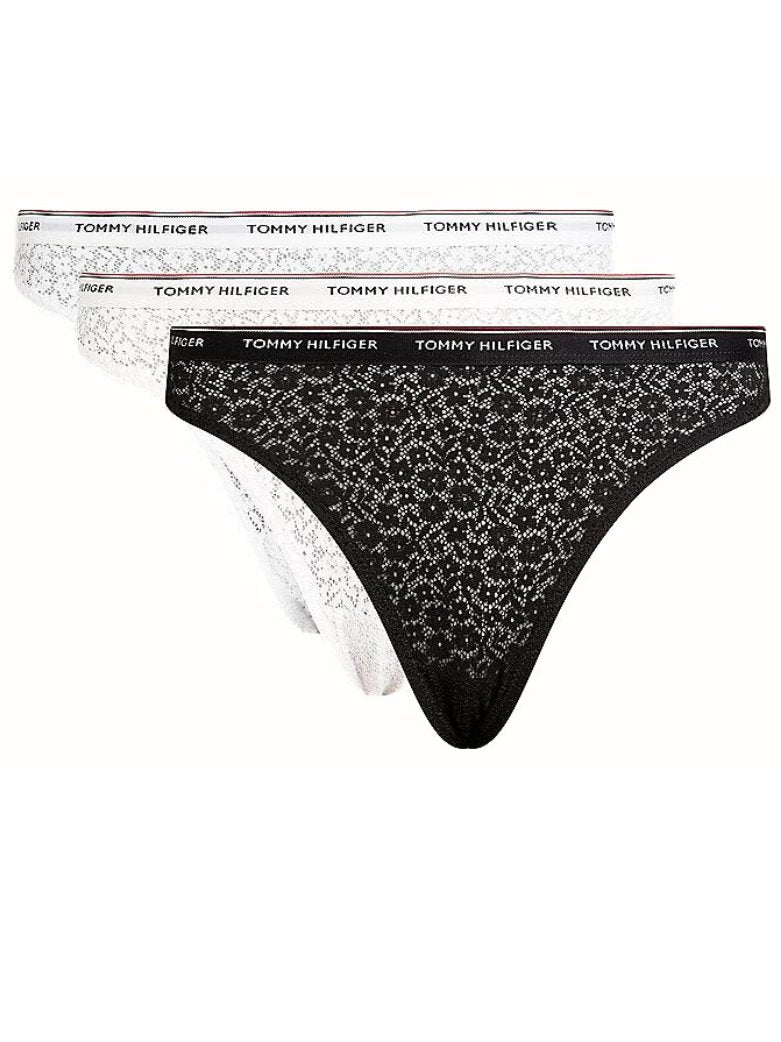 Tommy Hilfiger - 3 - Pack Premium Essential Lace Thongs, Black/White/Light Pink - Boxers - and - Briefs.net