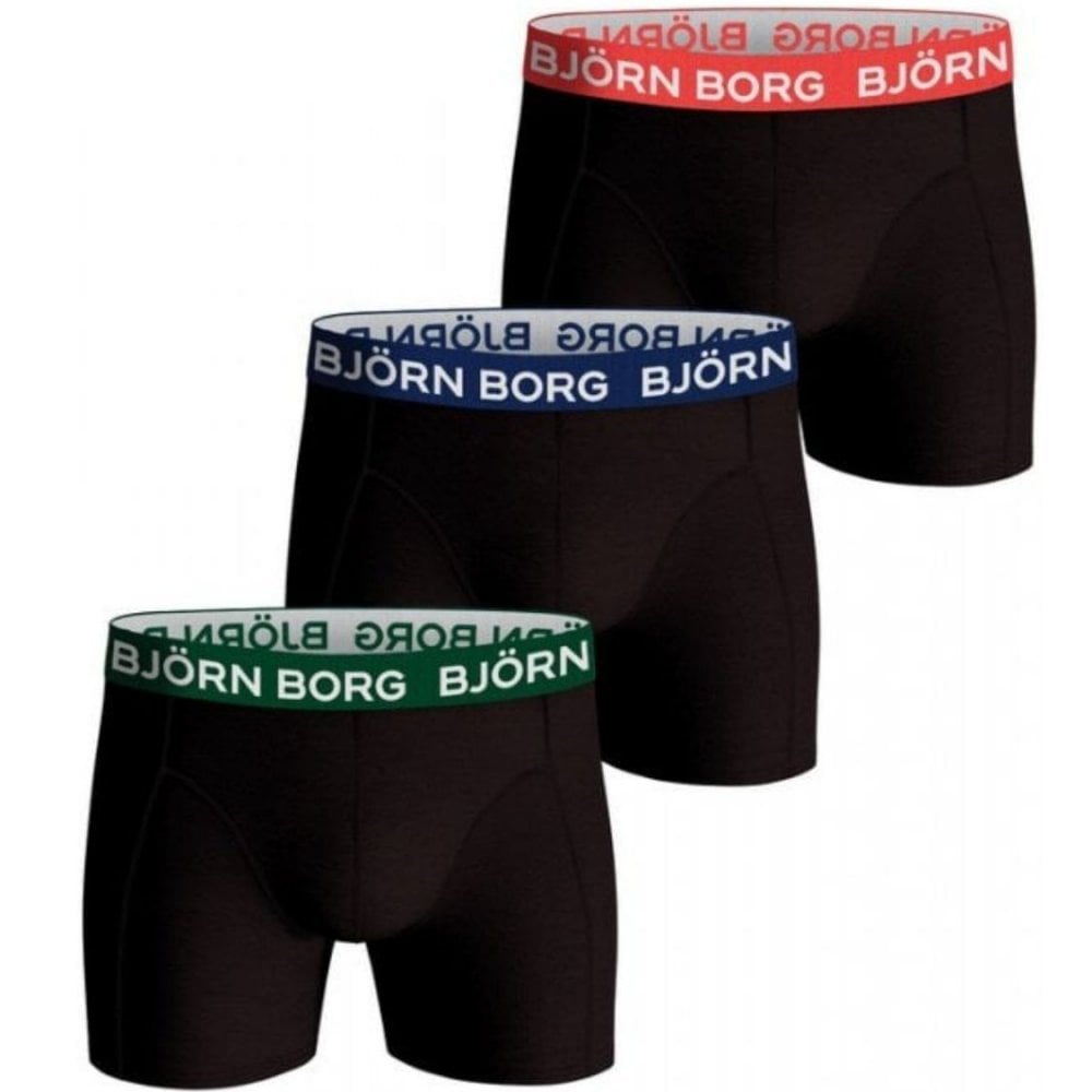 Lot de 3 boxers à ceinture contrastée, noir avec vert/bleu/rouge