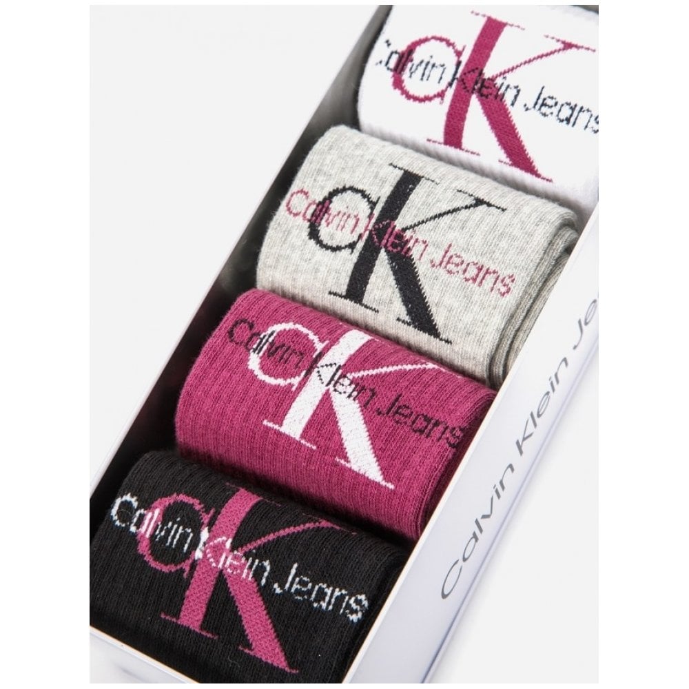 4-Pack CK Jeans Logo Women's Socks Gift Tin, Amaranth Combo