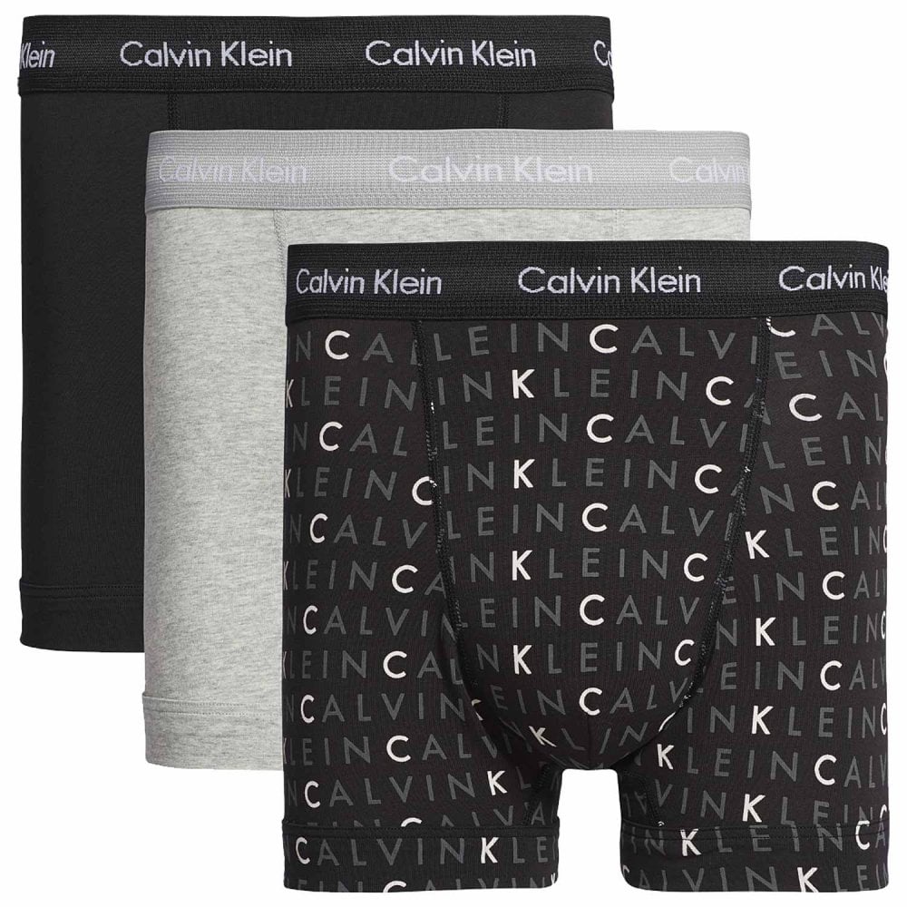 Lot de 3 boxers en coton stretch, noir/gris chiné/logo discret