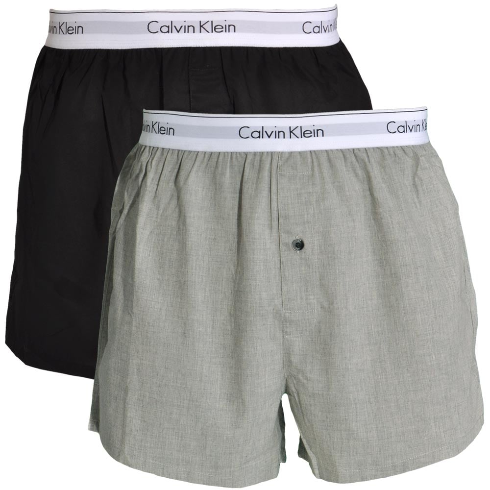 2-Pack Modern Cotton Slim-Fit Woven Boxer Shorts, Black / Heather Grey